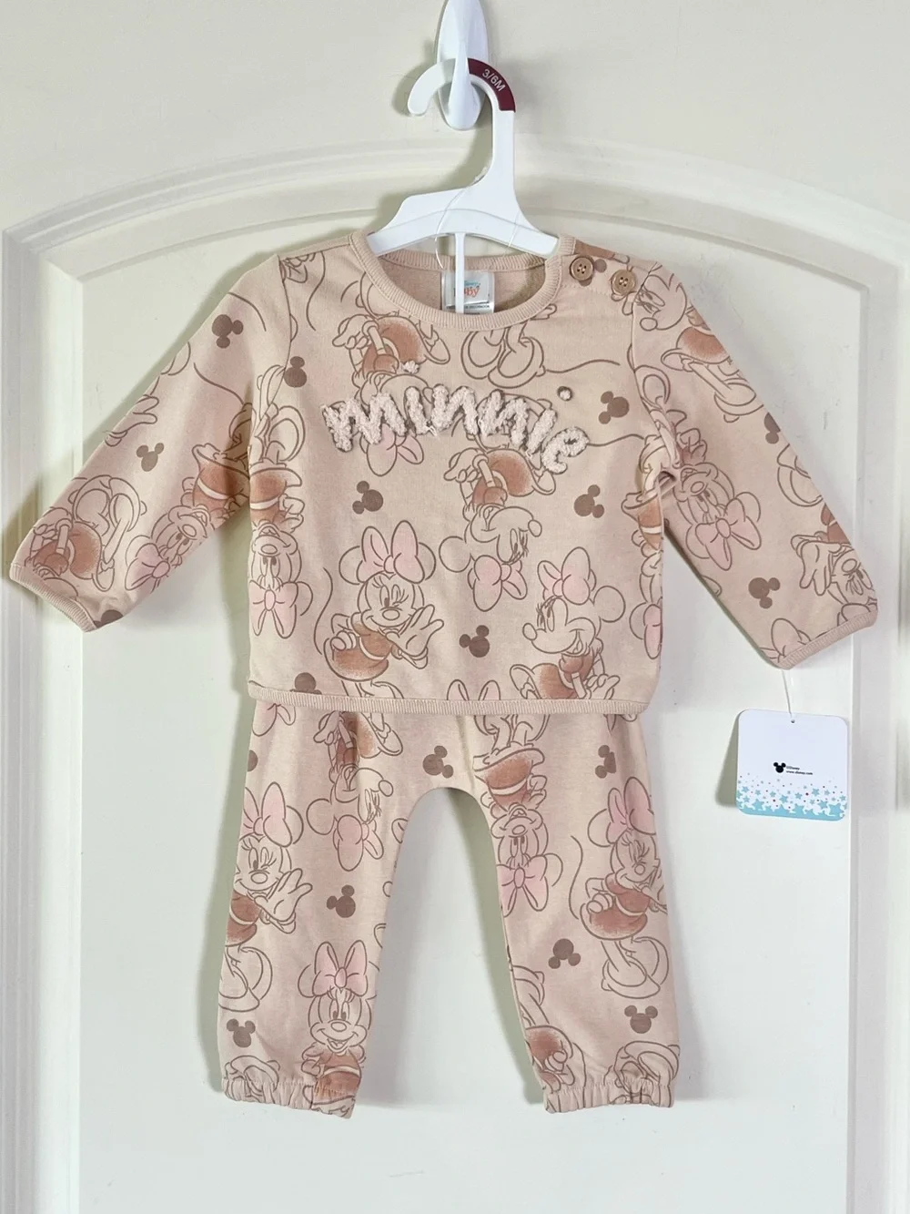 Disney Baby Minnie Mouse NWT Sweatsuit Set Neutral Tan Loungewear 3/6 M